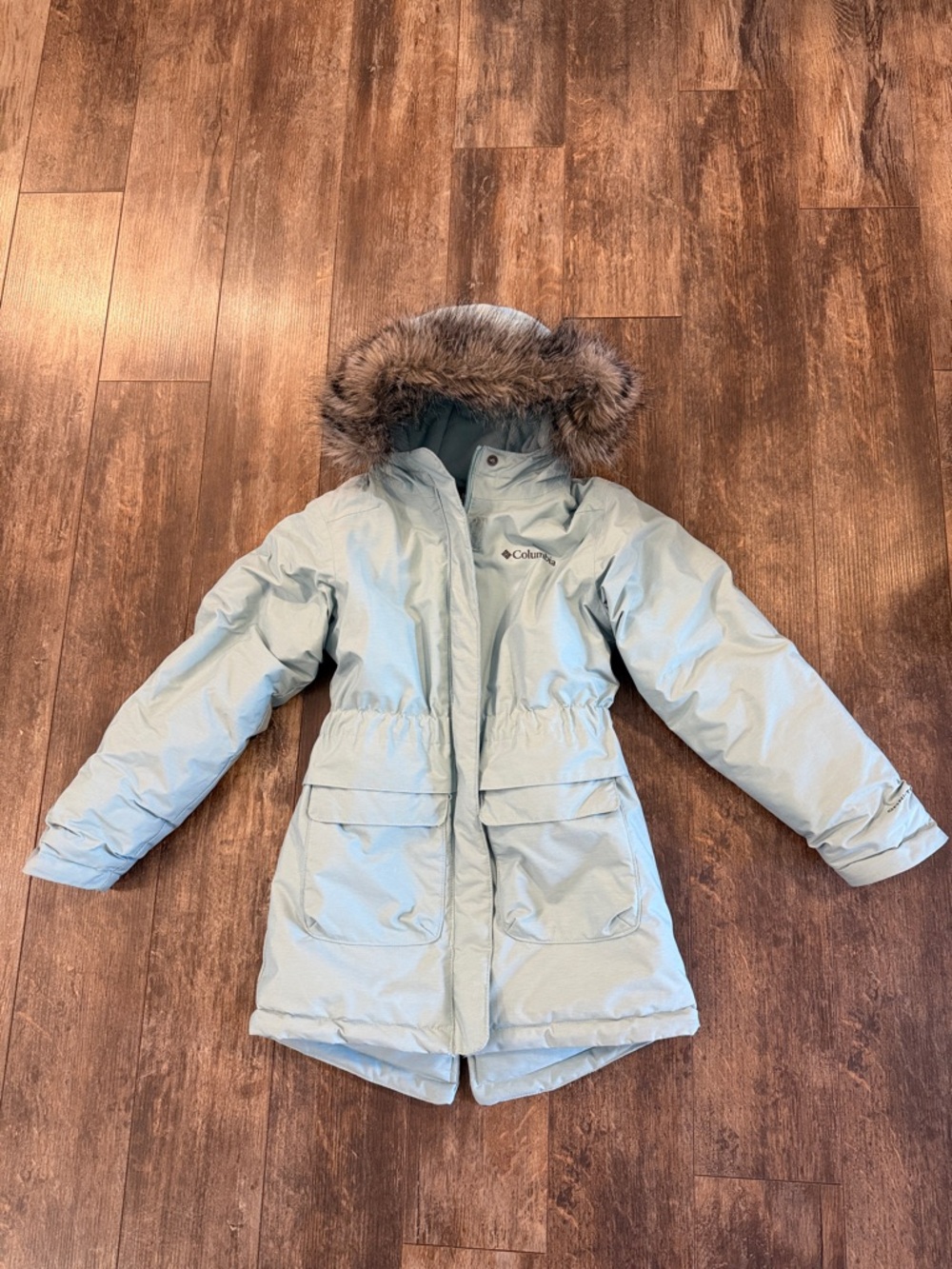 Columbia Light Teal Green Hooded Parka with Faux Fur Trim